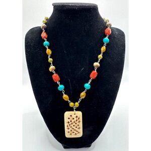 VJ Brank Multi Color Brown Turquoise and Coral Bead Necklace with Carved Pendant